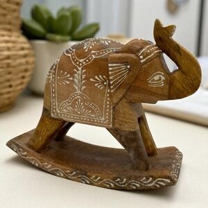 Carved Wood Rocking Elephant Figurine | 7" Boho Decor